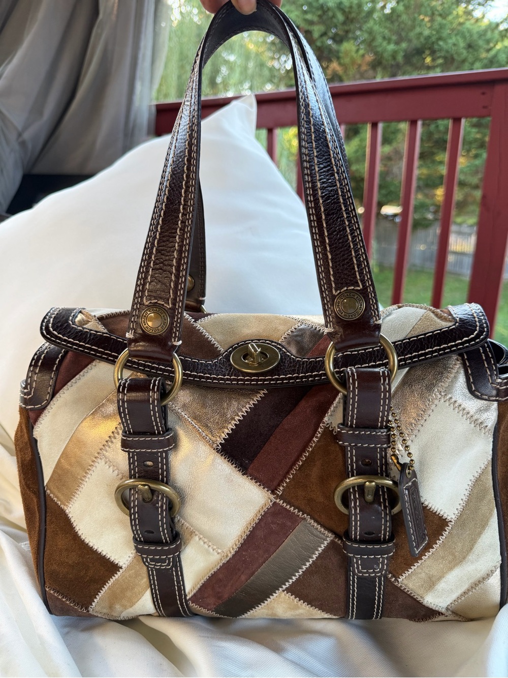Patchwork Suede & Leather vintage Satchel Bag in Brown and Cream UEC